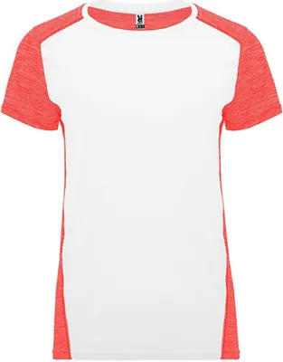 Produktbild von Roly CA6663 | Damen Zolder T-Shirt, Kombination aus zwei Polyestergeweben - Farbe: White 01/Heather Fluor Coral 244 - Größe: M