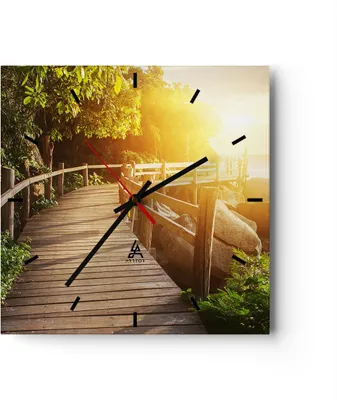 Produktbild von Wanduhr - Quadrat - Glasuhr - Brücke Meer Welle - 30x30cm - Schleichendes Uhrwerk - Lautlos - zum Aufhängen bereit - Dekoration Modern - Wanddekoration aus Glas - C3AC30x30-3876