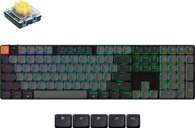 A mechanical keyboard and a keyboard switch are displayed against a white background.