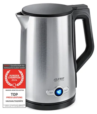 Produktbild von TZS First Austria Edelstahl Wasserkocher 2200W, 1,7 L, Temperatureinstellung 60-100 Grad, Warmhaltefunktion, Kalkfilter, verdecktes Heizelement, LED Beleuchtungsfarbe