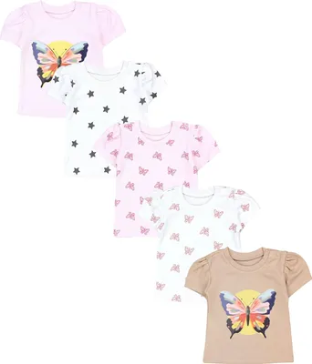 Produktbild von TupTam Baby Mädchen Kurzarm T-Shirt Gemustert Bunt 5er Set, Farbe: Schmetterling Rosa Weiß Pink, Größe: 92