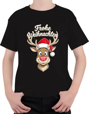 Produktbild von Frohe Weihnachten Rentier Niedlich Cartoon Weihnachtsmütze Lustig Uni Kinder T-Shirt, Schwarz, 152