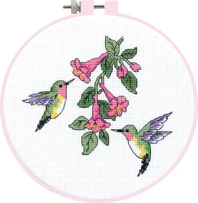 Imagen del producto de Kit de bordado de punto de cruz "Learn a Craft, Kolibri-Duo", que incluye un marco para bordar, un patrón de conteo y un diámetro de 15,2 cm