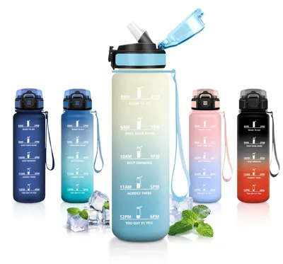 Produktbild von Sport Trinkflasche 1L auslaufsicher mit Strohhalm, Wasserflasche mit
