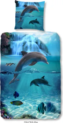 A bedding set with a dolphin and waterfall design.