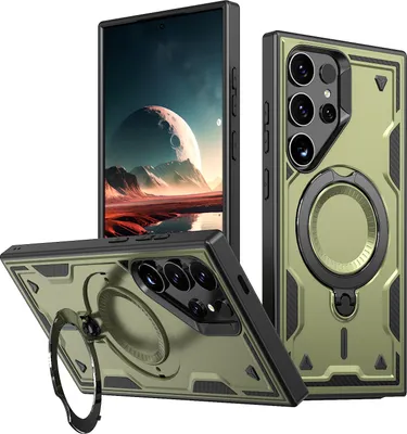 Immagine prodotto di Custodia MagSafe per Samsung Galaxy S25 Ultra - Cover posteriore Phonesta MagLock Armor con anello - Verde