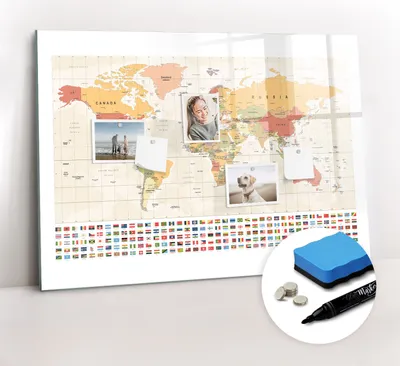 Produktbild von Magnetpinnwand Memoboard - Zubehörsatz - Schwarzer Marker + Schwamm + Magnete - 100 x 70 cm - Weltkartendesign