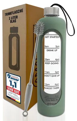 Imagen del producto de Botella de vidrio Amalindo, 1 litro, fabricada en vidrio de borosilicato, color verde oliva