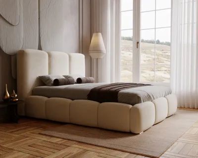 Obrázok produktu pre Čalúnená posteľ 180x200 cm Merkad - zamatová posteľ, dvojposteľ s úložným priestorom - spálňová posteľ béžová
