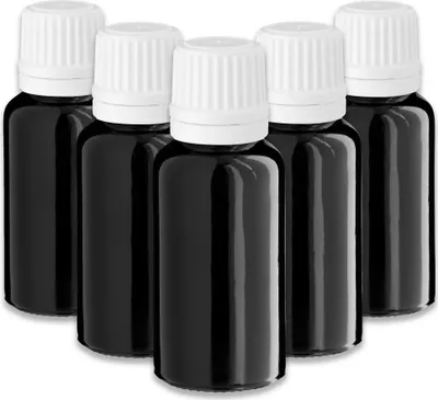 Produktbild von 5x Schwarze Glasflasche 20 ml mit weißem Tropfer Tropfflasche 18 mm