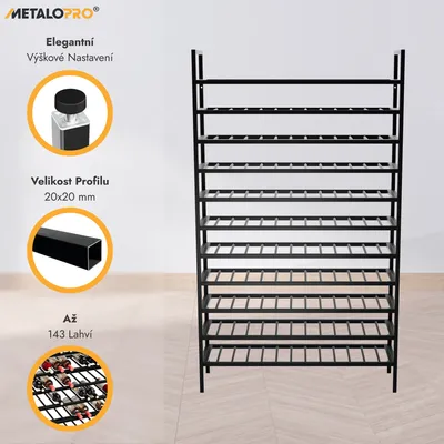 Obrázek produktu pro MetaloPro Vínový Regál Jerez – Kovový Stojan na 143 Lahví Vína, Pevná Konstrukce, Ideální do Kuchyně, Sklepa nebo Baru – 170×100×30cm