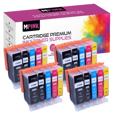 A product shot of multiple ink cartridges in their packaging, with a box in the background.