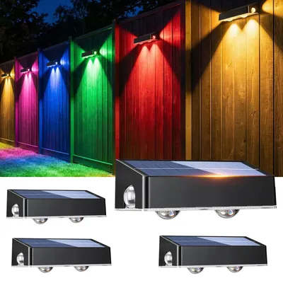 Produktbild von 4 Stück Solar Wandleuchte Aussen, Einstellbar Solarlampen für Außen, RGB 7 Farben Solarleuchte für Zaun Wand Terrasse Garten Balkon Deko