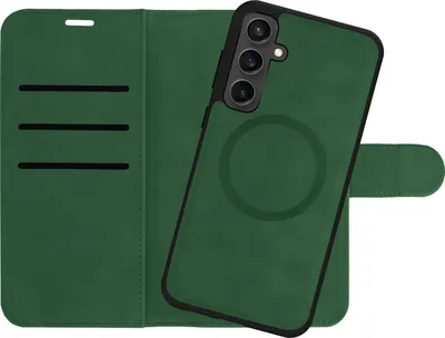 A green flip-style phone case is shown open, with a transparent green phone case inside.