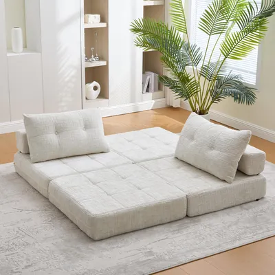 Produktbild von AIORBER Klappbares Schlafsofa mit Kissen, faltbare Matratze, tragbares Bodensofa, Rückenlehne, Chenille, Beige/Smaragdgrün/Grau/Schwarz