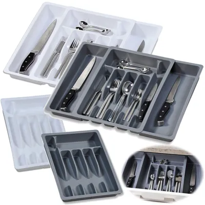 Produktbild von LS-LebenStil Schubladeneinsatz Besteckkasten 29-50cm Grau Kunststoff ausziehbar Besteckbox Organizer Schubladentrenner Küche verstellbar für Schublade
