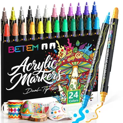 Immagine prodotto di Set di pennarelli acrilici, 24 colori, punta doppia, resistenti all'acqua, adatti per pietra, legno, vetro e Vetroceramica