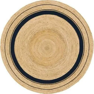 Runder Jute-Teppich, beige mit schwarzem Rand, 180 cm, handgeflochten