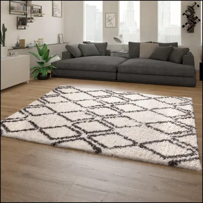 Produktbild von Hochflor Teppich Wohnzimmer Shaggy Langflor Skandi Rauten Muster Grau Creme Grösse 120x160 cm