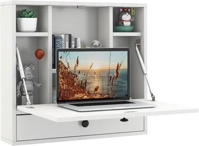 Productafbeelding van Klaptafel Hout - Wandbureau Opklapbaar - Ruimte Besparen - Met Opbergvakken - 60x57 cm - Wit