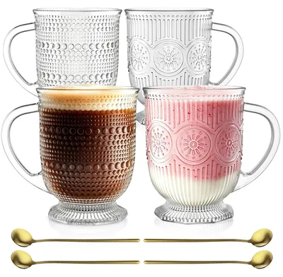 Kaffee-Gläser 480 ml, 4er-Set mit Henkel & Löffel, Blumenmuster