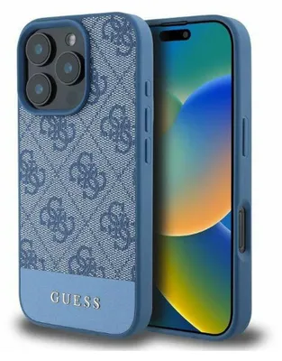 A blue Guess phone case is shown next to an iPhone.