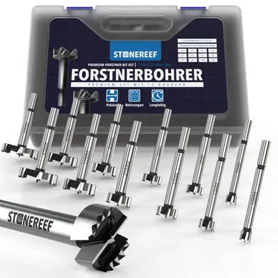 Produktbild von Forstnerbohrer Set 12-teilig 10-50 mm Topfbohrer Astlochbohrer Holz 12 Durchmesser von 10 bis 50 mm in einer Box - vom Dübelloch bis zum Topfband