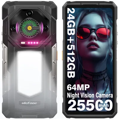 Image de Ulefone Armor 33 Telephone Portable Incassable 24Go+512Go 6,95" FHD+ 25500mAh Smartphone Android 15 Dural SIM/64MP/NFC/1100LM Noir