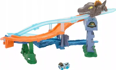 Produktbild von Hot Wheels RacerVerse Jurassic World Crash & Splash Trackset und Die-Cast Dinosaurier-Spielzeugauto, Spielfahrzeugspur, 4 Jahr(e), Kunststoff, Mehrfarbig