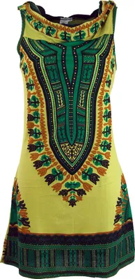 Produktbild von Kapuzen Dashiki Minikleid, Goa Festivalkleid - Lemon, Damen, Grün, Baumwolle, Größe: S/M