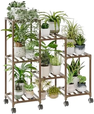 Productafbeelding van PromoHome® plantenstandaard met wielen - 7-laags houten plantenrek voor binnen en buiten - balkon, terras, woonkamer - bruin