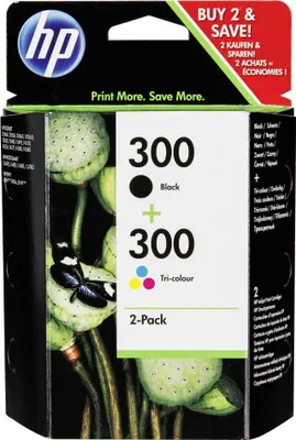 A product package for HP 300 ink cartridges, featuring a floral design.