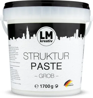 A white plastic tub of LM Strukturpaste grob (texture paste).