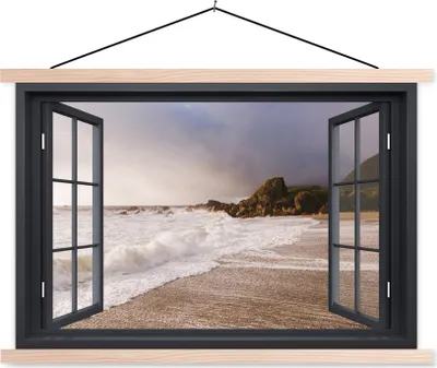 Produktbild von MuchoWow® Textilposter Aussicht - Meer - Strand 120x80 cm mit holzfarbenen Rahmen - Aufhängeset