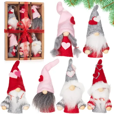 Image de BRUBAKER Set de 6 pendentifs de décoration coeur nains en bois et tricot - Pendentif arbre Noël lutins - Pendentif cadeau Saint-Valentin rose rouge - Décoration arbre ou coeur en boîte cadeau