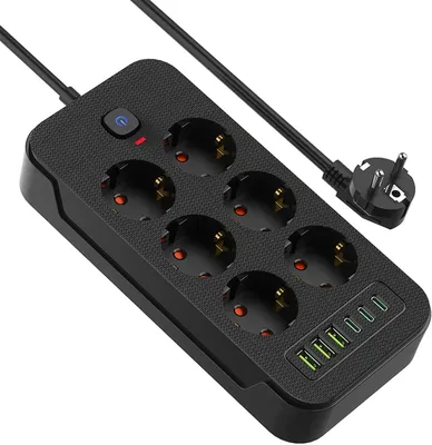 Produktbild von Steckdosenleiste mit Schalter – 6 Mehrfachsteckdosen mit 2 Meter Verlängerungskabel – 3 USB-Anschlüsse / 3 USB-C-Anschlüsse (5 V / 3,1 A) – 3840 W / 16 A