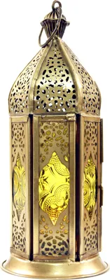 Produktbild von Orientalische Metall/Glas Laterne in Marrokanischem Design, Vintage Windlicht, Mehrfarbig, Glas,Metall,Eisen, Farbe: Gelb, 20*8*8 cm