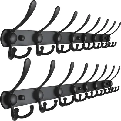 Produktbild von 2er Set Garderobenleiste Edelstahl mit 5 Dreifachhaken, 15 Aufhängepunkte, Wandgarderobe Schwarz Matt, 40cm, Rostfrei, Bad & Küche