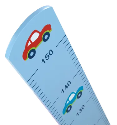Produktbild von roba Messlatte 'Rennfahrer' mit Auto Motiv, Skala bis 150 cm für Kinder, Holz, blau lackiert