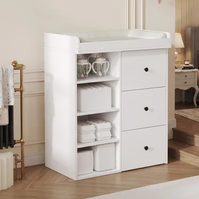 Obrázok produktu pre STILVORA Komoda s prebalovacou doskou a odnímateľným zábradlí, komoda s prebalovacou doskou, s zásuvkami a úložným priestorom, prebalovací stolík 2 v 1, biela, bez prebalovacej podložky