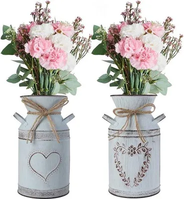 Produktbild von Unyqoos® 2er-Set Vintage Blumenvase – Herz‑Milchkännchen, Eisen‑Blumentopf & Zink‑Pflanzenvase im Shabby‑Look, Landhausstil, rustikaler Blumen‑Eimer für Garten & Tisch