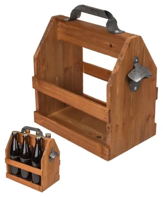 Produktbild von Party Holz Bierträger für 6 x 0,5 l Sixpack mit Metall Flaschenöffner Vintage Flaschenträger