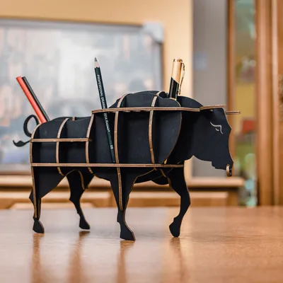 Produktbild von EWA Eco Wood Art 3D Holzpuzzle für Jugendliche und Erwachsene-Desktop Organizer Bulle-DIY-Bausatz, Selbstmontage, kein Kleber erforderlich-24 Stück, schwarz