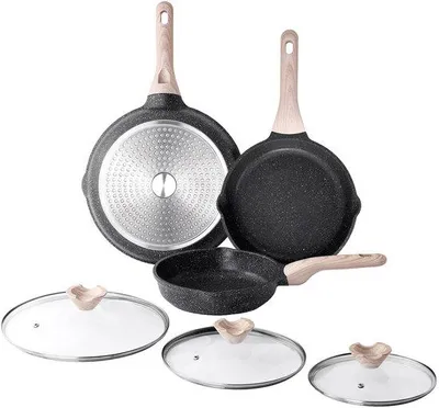 Zdjęcie produktu dla Zestaw 3 patelni Unyqoos® z powłoką granitową, wolny od , z powłoką nieprzywierającą, z wylewem i ergonomicznymi uchwytami – do użytku na płytach indukcyjnych, gazowych, elektrycznych i ceramicznych