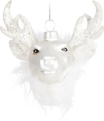 Produktbild von BRUBAKER Hirschkopf Weiß mit Glitzer Weihnachtskugel aus Glas - Handbemalt - Christbaumschmuck Lustig - Christbaumkugel Figuren Weihnachtsdeko