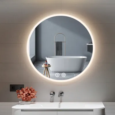 Produktbild von YOLEO Badspiegel mit 3-farbig dimmbare LED-Licht und Touchschalter, Anti-Beschlag, Warm/Kalt/Neutral-Licht, 70*70cm