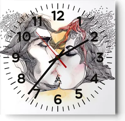 Produktbild von Wanduhr - Quadrat - Glasuhr - Paar Küssen Abstraktion - 30x30cm - Schleichendes Uhrwerk - Lautlos - zum Aufhängen bereit - Dekoration Modern - Wanddekoration aus Glas - C4AC30x30-3005