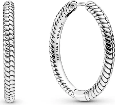 A pair of silver hoop earrings with a textured, snake-skin-like pattern, presented against a white background.