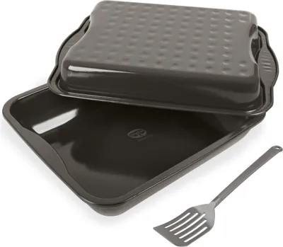 Produktbild von Dr. Oetker Brat- und Auflaufform, Stahlblech mit Emaille, Grau-Braun/Crème, eckig, 3-teiliges Maxi-Bräter EXCLUSIVE Set, ca. 42x34x13 cm, 7 Liter Füllvolumen, schnitt- und kratzfest, spülmaschinengeeignet, optimale Wärmeleitung, multifunktionaler Deckel, Noppenstruktur, fruchtsäurebeständig, temperaturbeständig bis 400°C, induktionsgeeignet