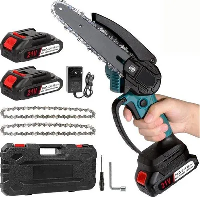 Produktbild von Mini-Akku-Kettensäge-Set - Mini-Kettensäge mit Akku - 2 Kettensägen - 2 Akkus - Transportkoffer - Integrierte Sicherheit